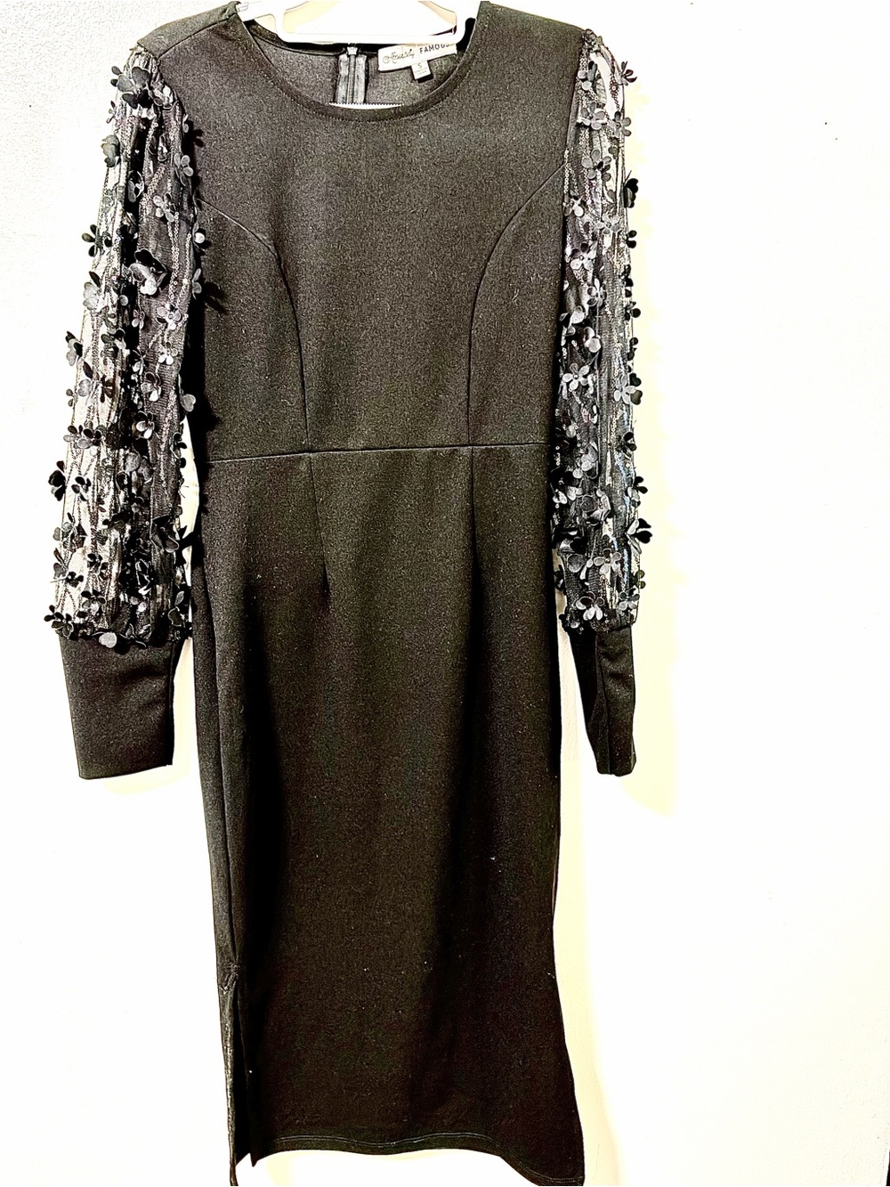 Black Midi Dress with Embellished Sheer Sleeves size S